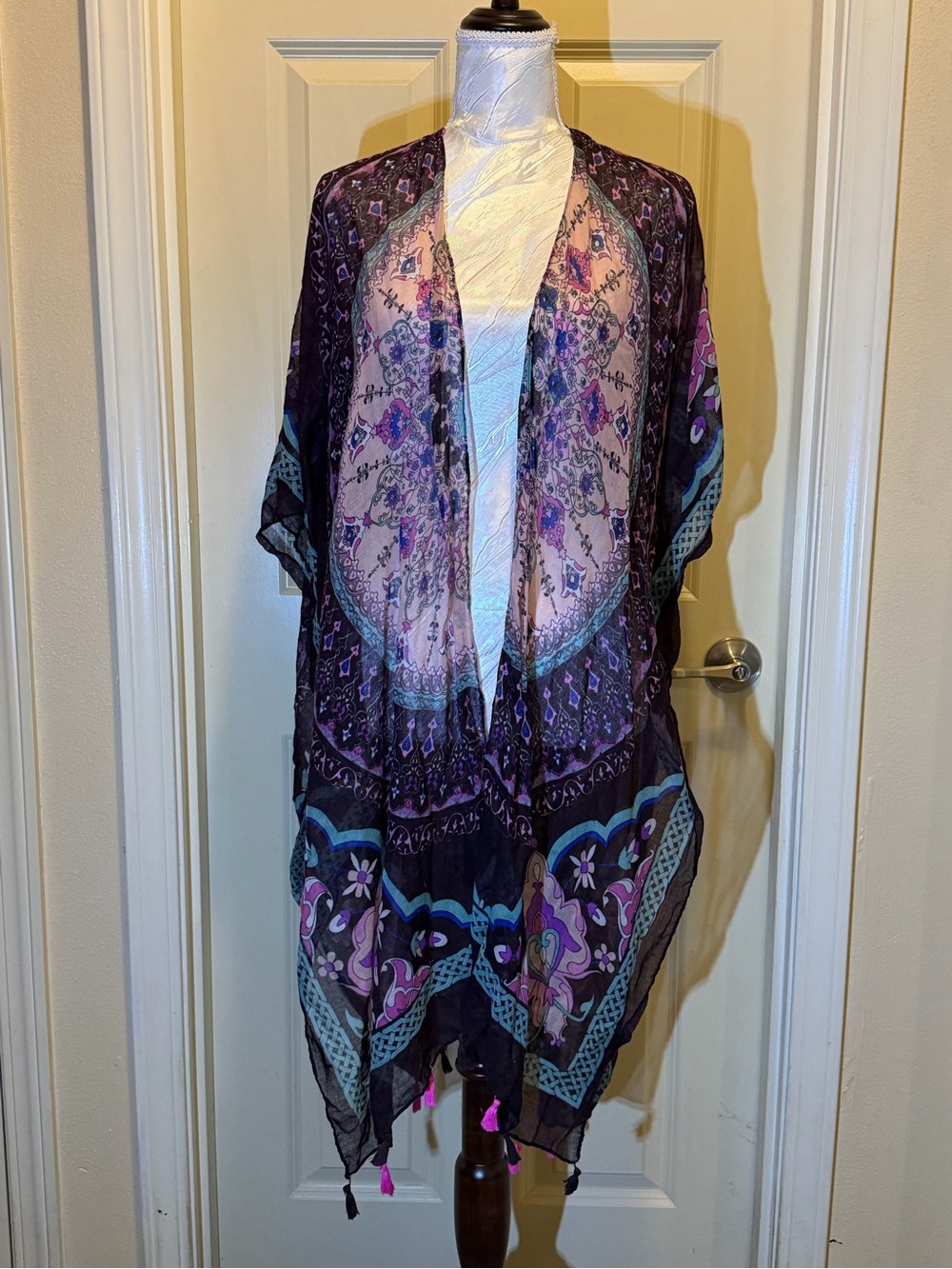 Woven Heart Sheer Floral Kimono Robe in Purple, Blue & Pink